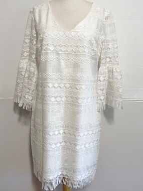 Trina Turk ivory dress tribal geometric lacy sleeves